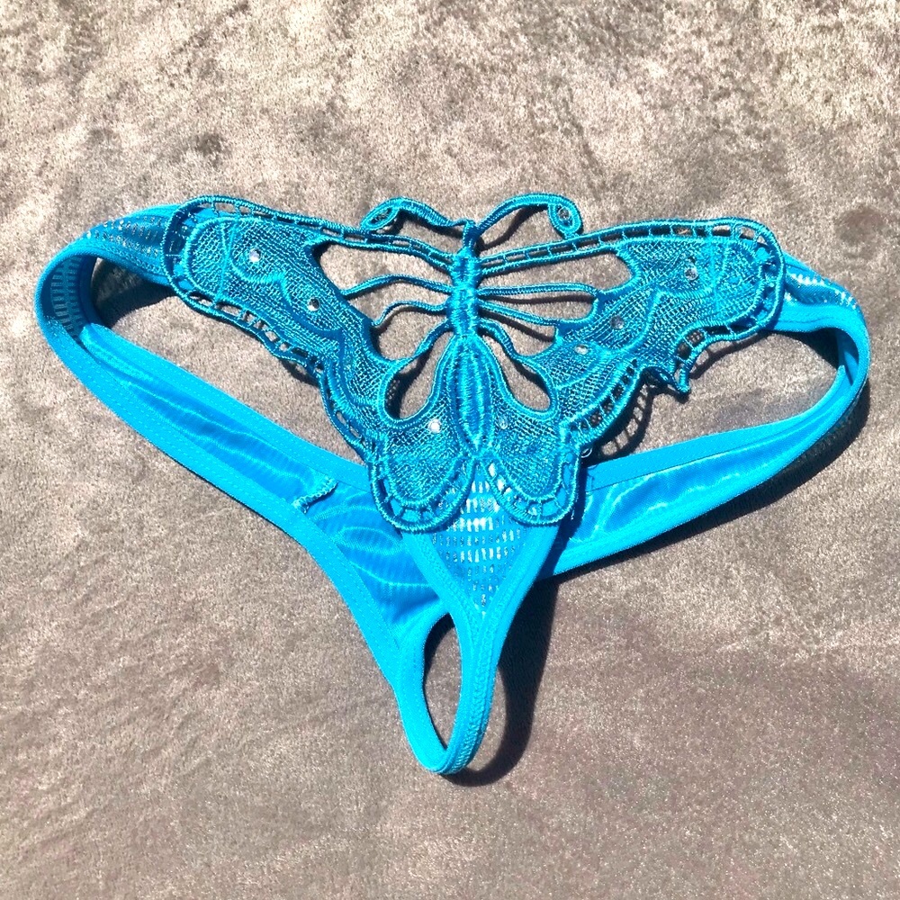 butterfly sparkly embroidered cute blue thong